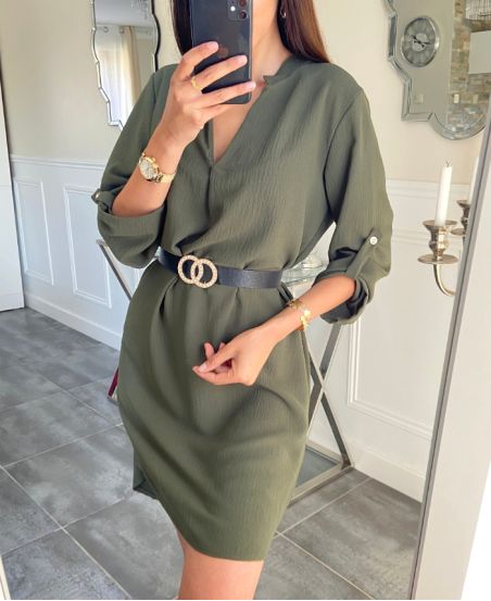 PLAIN TUNIC DRESS + BELT OFFERED PE937 MILITARY GREEN