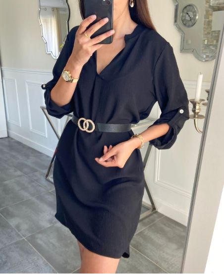 ROBE TUNIQUE UNIE + CEINTURE OFFERTE PE937 NOIR