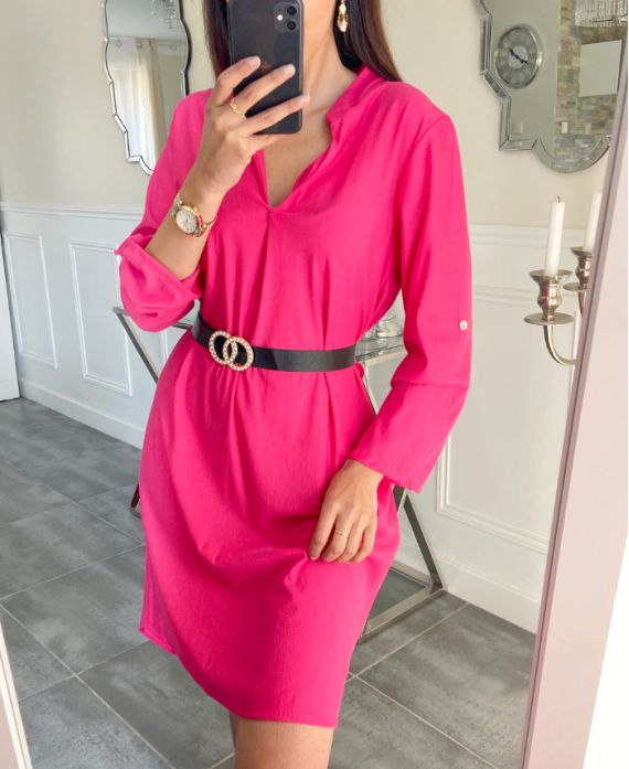 PLAIN TUNIC DRESS + BELT OFFERED PE937 FUSHIA