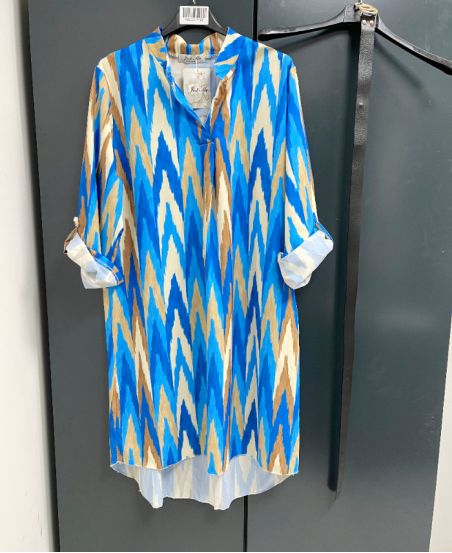 PRINTED TUNIC DRESS + BELT OFFERED PE937 BEIGE BLUE