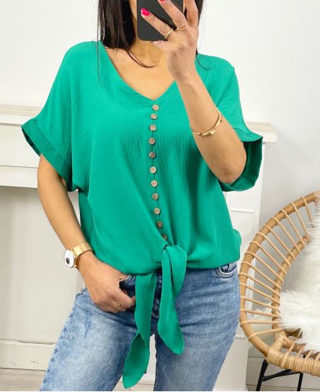 TOP WITH FANCY BUTTONS TO TIE PE723 EMERALD GREEN
