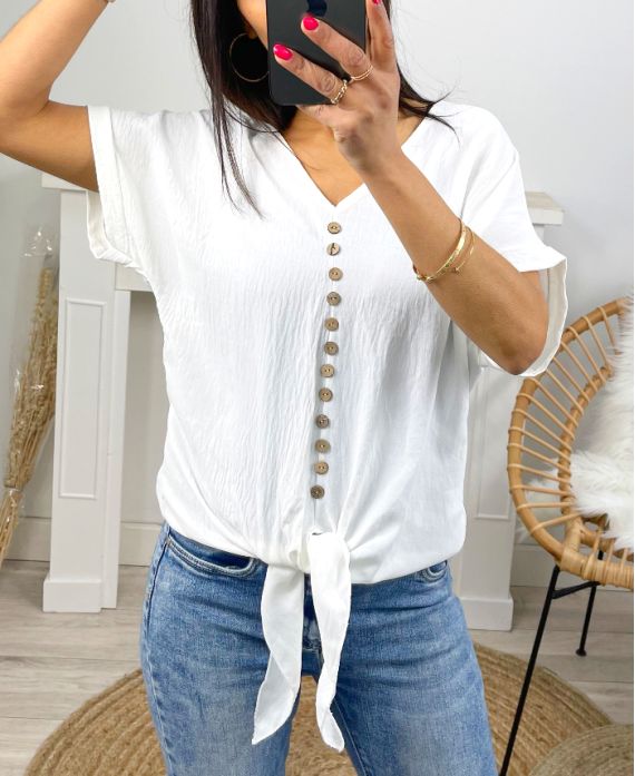 TOP WITH FANCY KNITTING BUTTONS PE723 WHITE