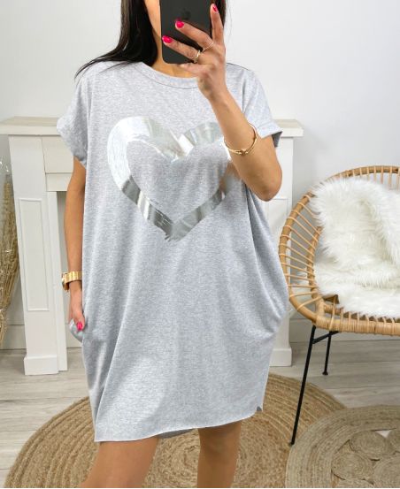 ROBE TUNIQUE 2 POCHES COEUR PE833 GRIS