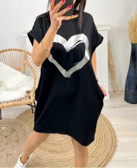 ROBE TUNIQUE 2 POCHES COEUR PE833 NOIR