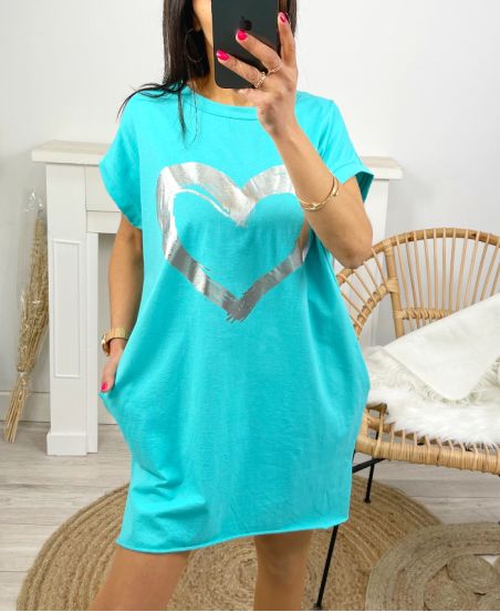 ROBE TUNIQUE 2 POCHES COEUR PE833 BLEU LAGON