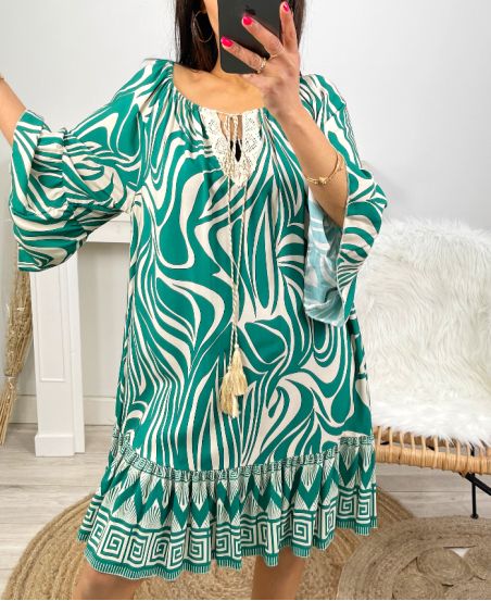 VISCOSE DRESS ELASTIC NECKLINE OVERSIZE PE183 GREEN