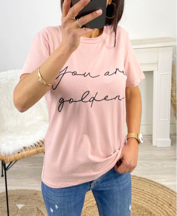 T-SHIRT COTON "YOU ARE GOLDEN" PE963 ROSE
