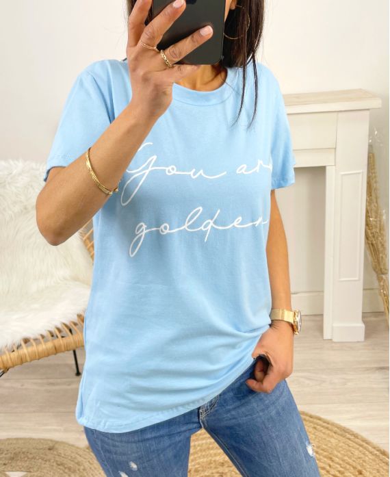 T-SHIRT COTON "YOU ARE GOLDEN" PE963 BLEU CIEL