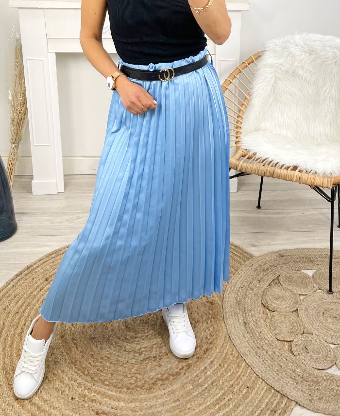 LONG SKIRT PLEATED SATIN PE463 SKY BLUE www.grossiste pret a porter