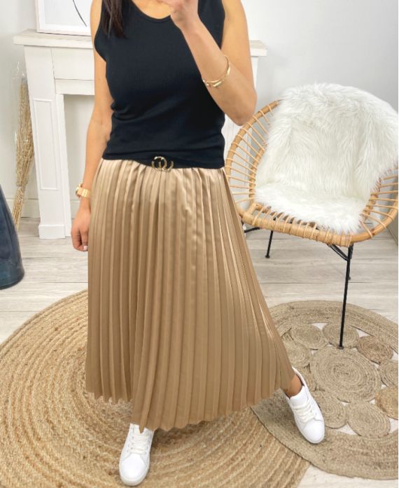 LONG SKIRT SATIN PLEATED PE463 CAMEL