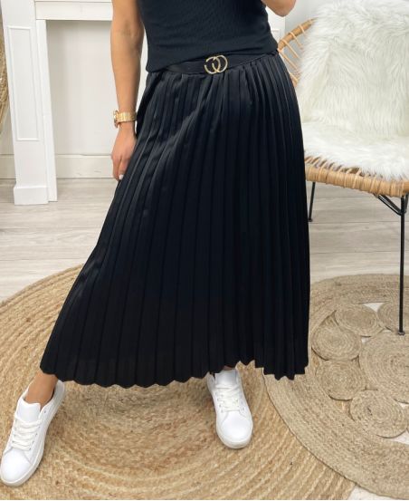 LONG SATIN SKIRT PLEATED PE463 BLACK