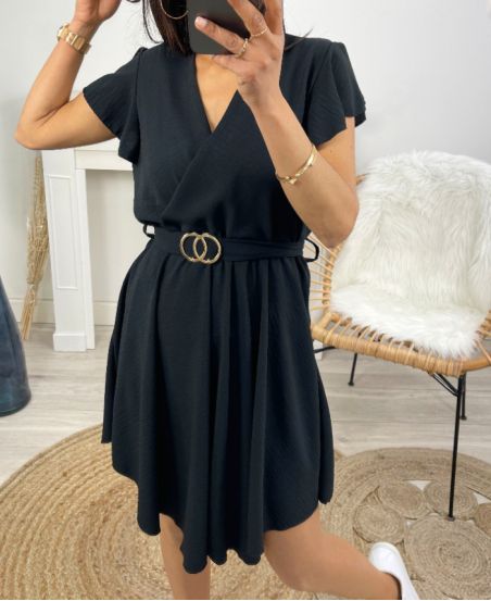 KLEID MIT GÜRTELSCHNALLE ZUM BINDEN PE1438 SCHWARZ