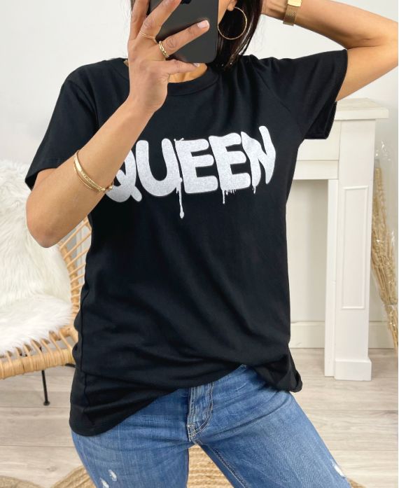 BAWEŁNIANY T-SHIRT QUEEN PE975 CZARNY