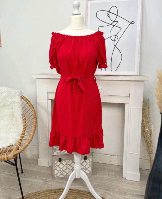 ELASTIC NECKLINE DRESS PE755 RED