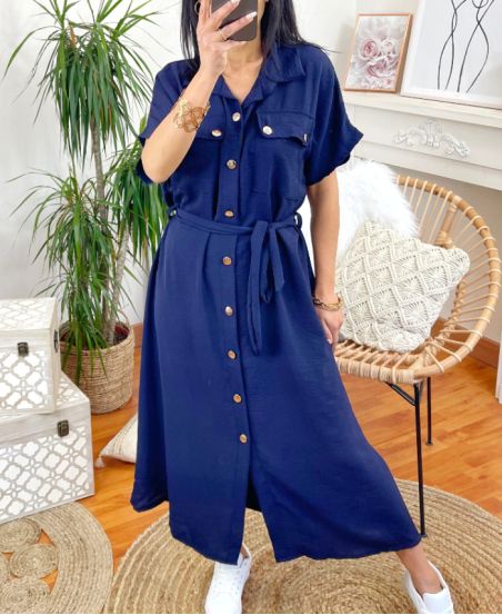 SAFARI LONG SHIRT DRESS WITH NAVY BLUE PE611 LINK