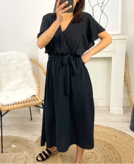 ROBE LONGUE MANCHES A VOLANTS PE1138 NOIR