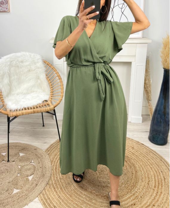 ROBE LONGUE MANCHES A VOLANTS PE1138 VERT MILITAIRE