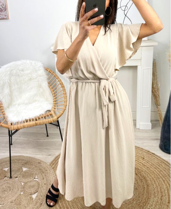 ROBE LONGUE MANCHES A VOLANTS PE1138 BEIGE