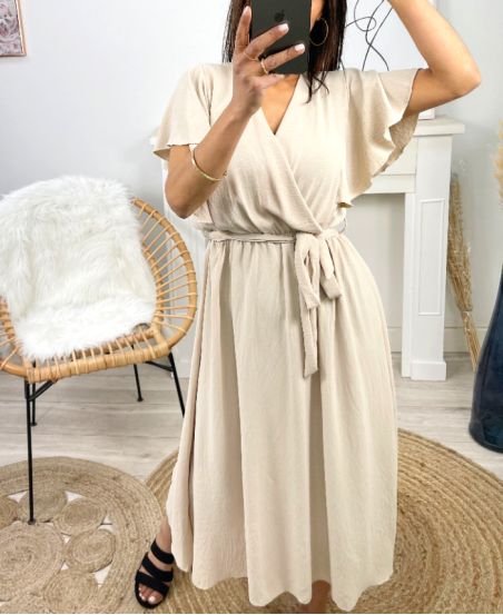 ROBE LONGUE MANCHES A VOLANTS PE1138 BEIGE