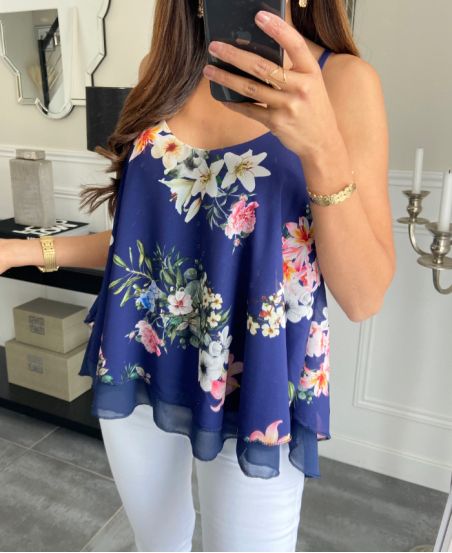 FLORAL TOP PE1170 MARINEBLAU