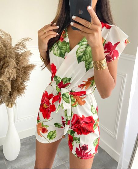 COMBINAISON SHORT FLORALE PE1153 BLANC