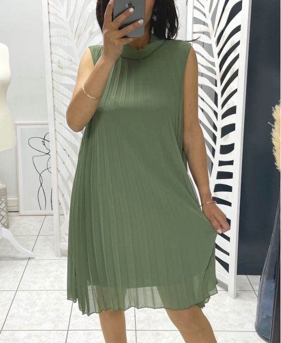 ROBE PLISSEE EVASEE PE645 VERT MILITAIRE