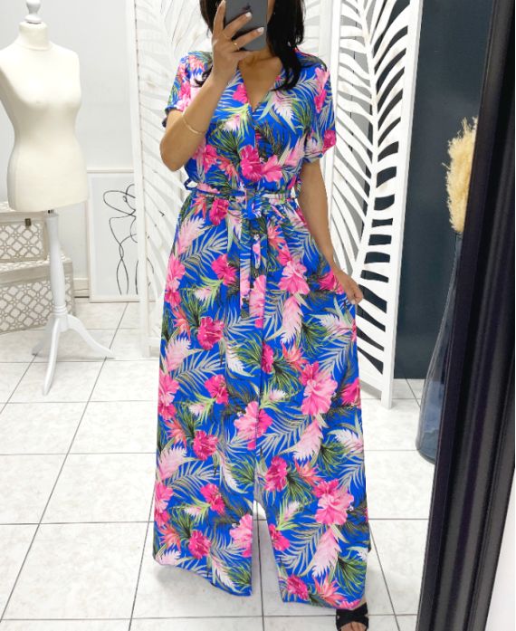 ROBE LONGUE TROPICALE AVEC FENTE PE1283 BLEU ROYAL