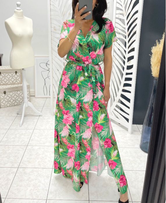 ROBE LONGUE TROPICALE AVEC FENTE PE1283 VERT