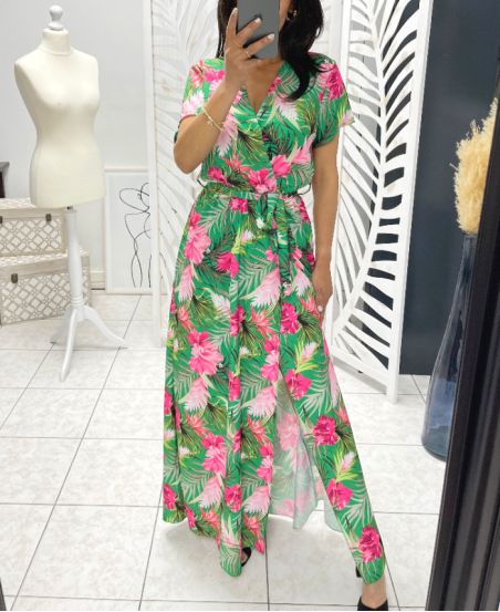 TROPICAL LONG DRESS WITH GREEN PE1283 SLIT