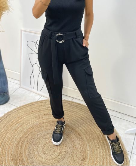 PACK 4 CARGO STYLE TROUSERS BELT AH82 BLACK