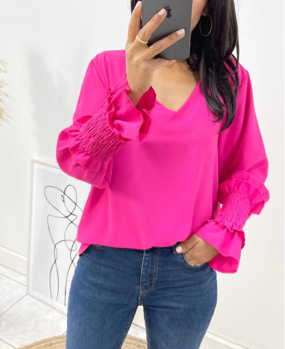 VLOEIENDE BLOUSE MET FROUREUZE MOUWEN AH1422 FUSHIA