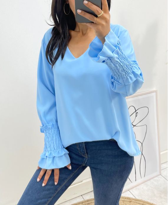 FLIESSENDE BLUSE MIT FRANOUS-ÄRMELN AH1422 HIMMELBLAU