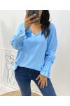 FLIESSENDE BLUSE MIT FRANOUS-ÄRMELN AH1422 HIMMELBLAU