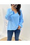 FLIESSENDE BLUSE MIT FRANOUS-ÄRMELN AH1422 HIMMELBLAU