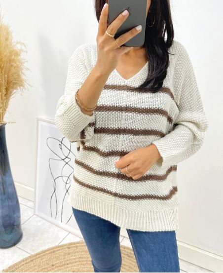 PULLOVER ESPRIT MARINIERE AH129 BEIGE/CHOCO