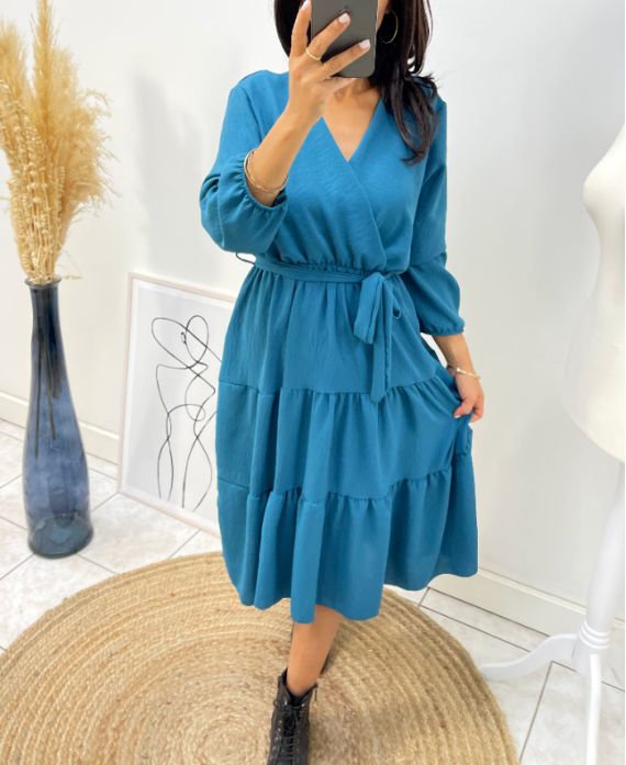 ROBE MANCHE LONGUE AH259 BLEU PETROLE