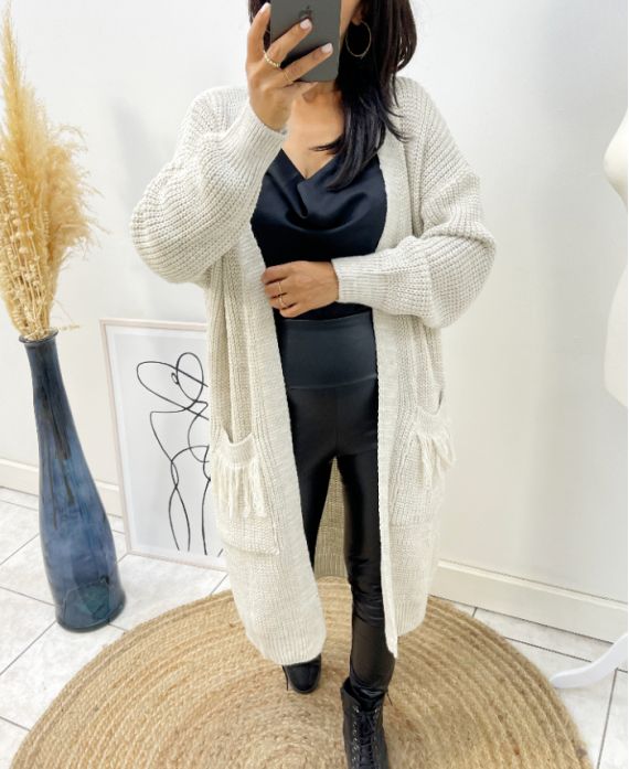 LONG VEST WITH FRINGED POCKETS AH215 BEIGE