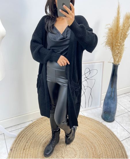 LONG VEST WITH FRINGED POCKETS AH215 BLACK