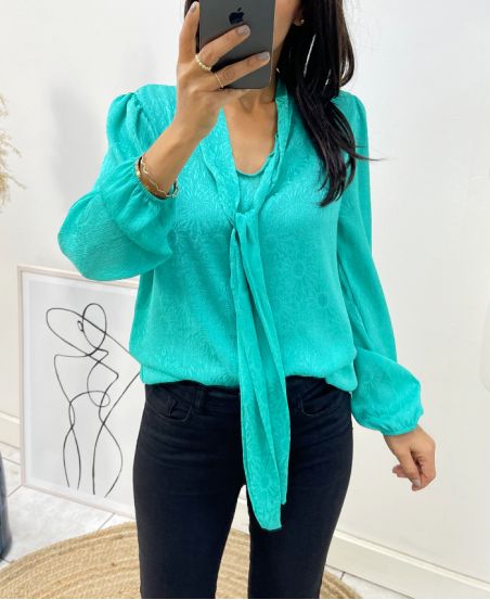 BLOUSE TISSUS DENTELLE COL A NOUER PE327 VERT