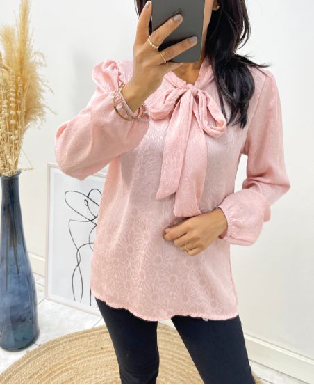 BLUSE STOFFE SPITZENAUSSCHNITT ZUM BINDEN PE327 PINK