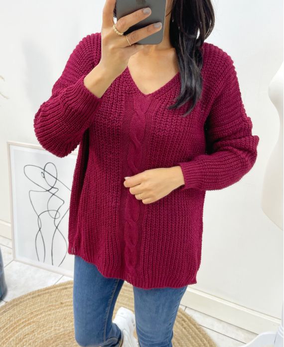 PULLOVER WOOL V-NECK TWISTED AH192 BURGUNDY