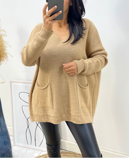 WOOL SWEATER 2 POUCHES AH179 CAMEL