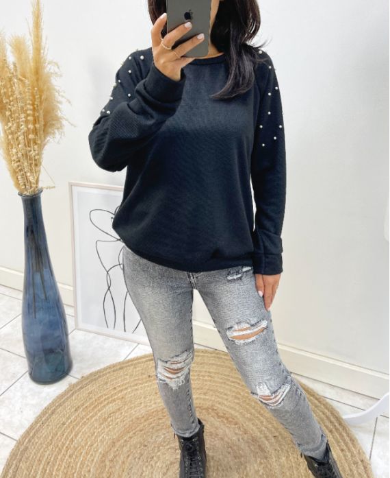 SWEATER SHOULDERS PEARLS 12031 BLACK