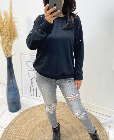 SWEATER SHOULDERS PEARLS 12031 BLACK