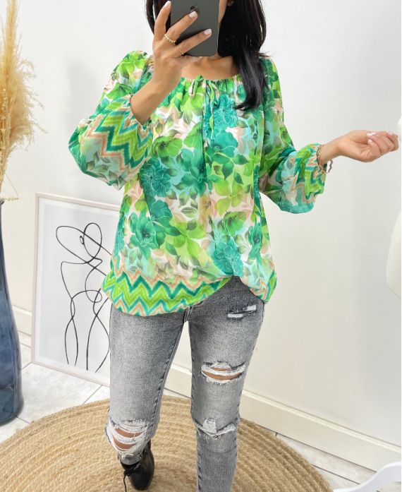 FLORAL DOUBLE BLOUSE PE42 GREEN