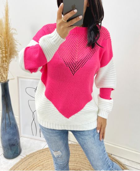 BI-COLOR OPENWORK PULLOVER AH210 FUSHIA