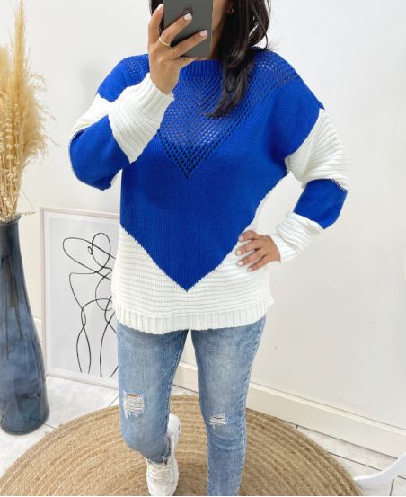 TWO-COLOR OPENWORK PULLOVER AH210 ROYAL BLUE