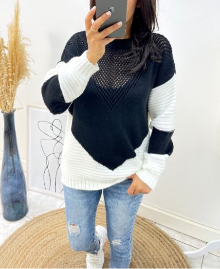 TWO-COLOR OPENWORK PULLOVER AH210 BLACK