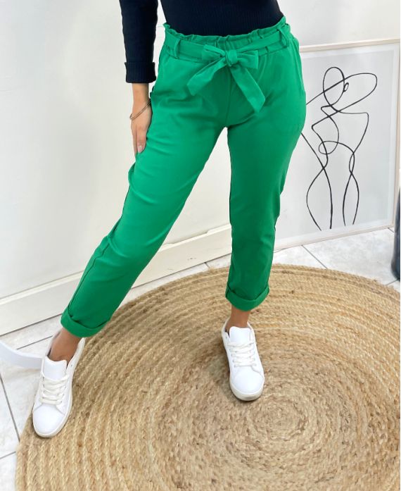 PANTALON + CEINTURE A NOUER AH430 VERT EMERAUDE