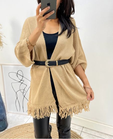 PONCHO WITH FRINGES AH437 CAMEL